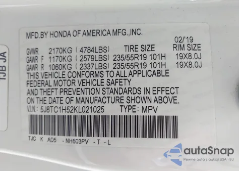 2019 Acura Rdx Technology Package z USA, uszkodzony, nr VIN 5J8TC1H52KL021025